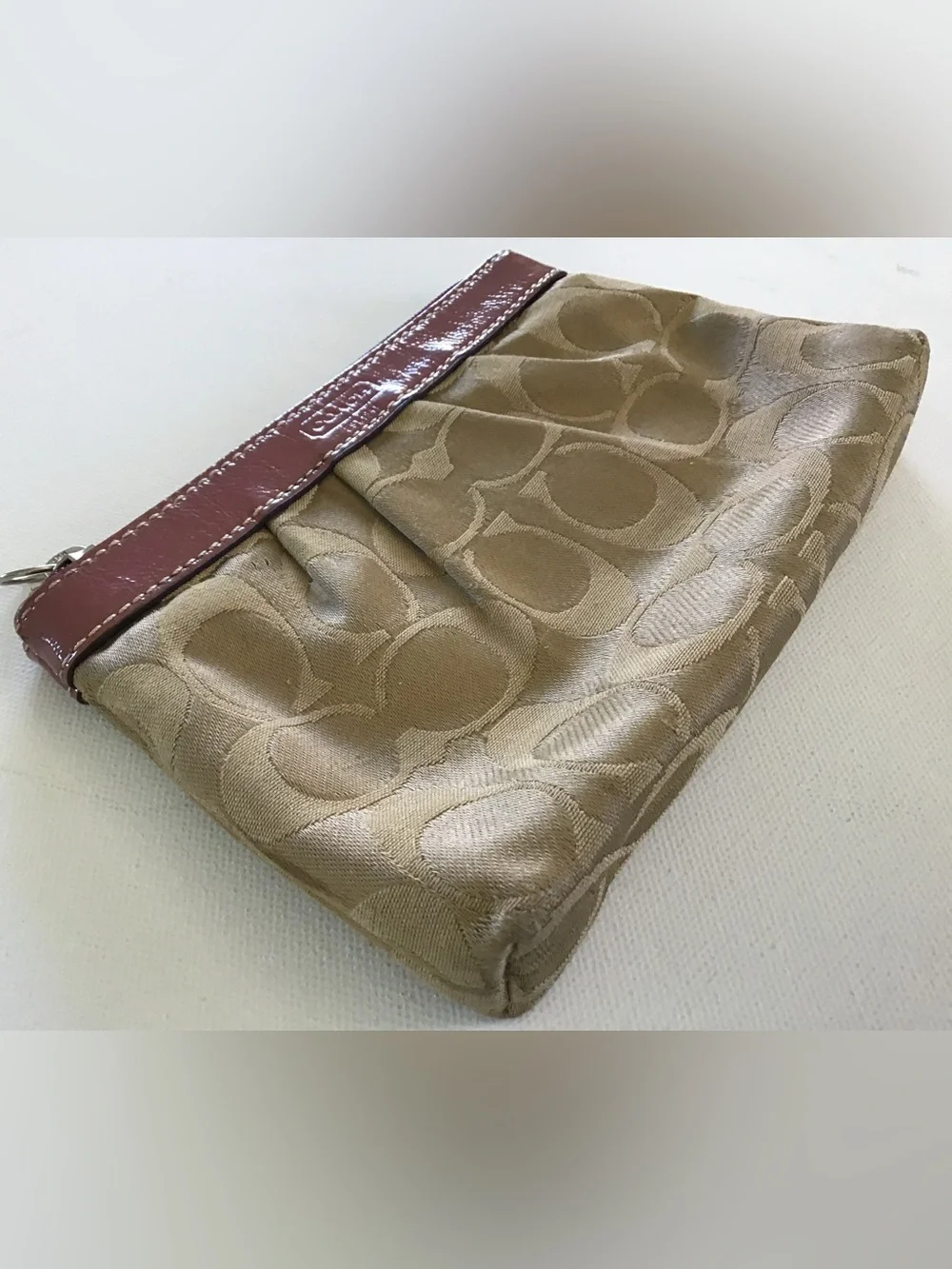 Coach Signature Canvas Zip Cosmetic Pouch Makeup Bag Khaki Mauve